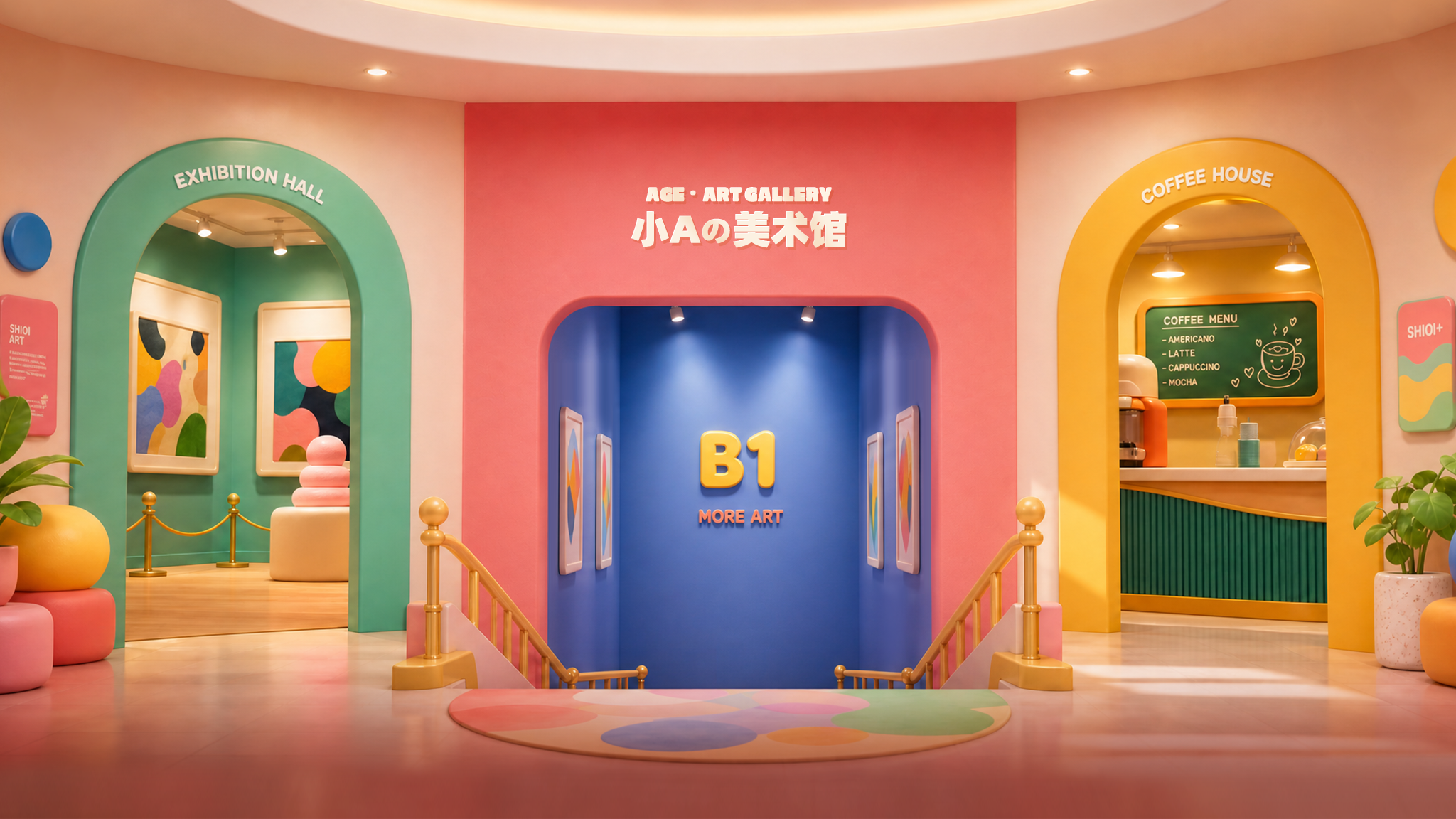小A的美术馆大厅，左侧通往展览厅，右侧通往咖啡厅，中间楼梯通往 B1 往期作品